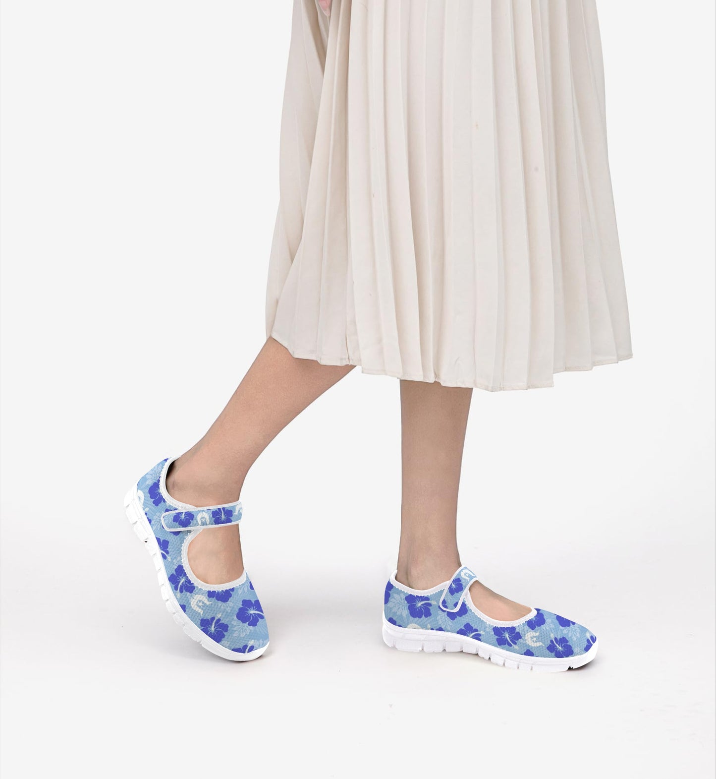 Hibiscus flowers with White Dhari (Sky blue) on  Women's Mary Jane Shoes