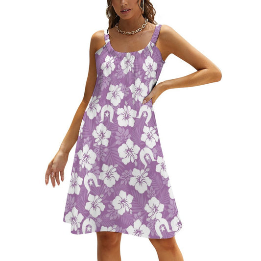 White Hibiscus flowers with Dhari (Purple) on Sleeveless Dress