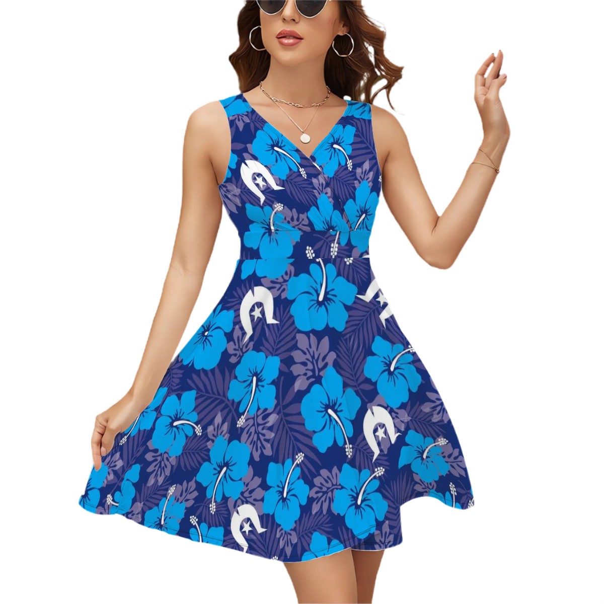 Hibiscus flowers with White Dhari (Royal blue) on Sleeveless V Neck Dress