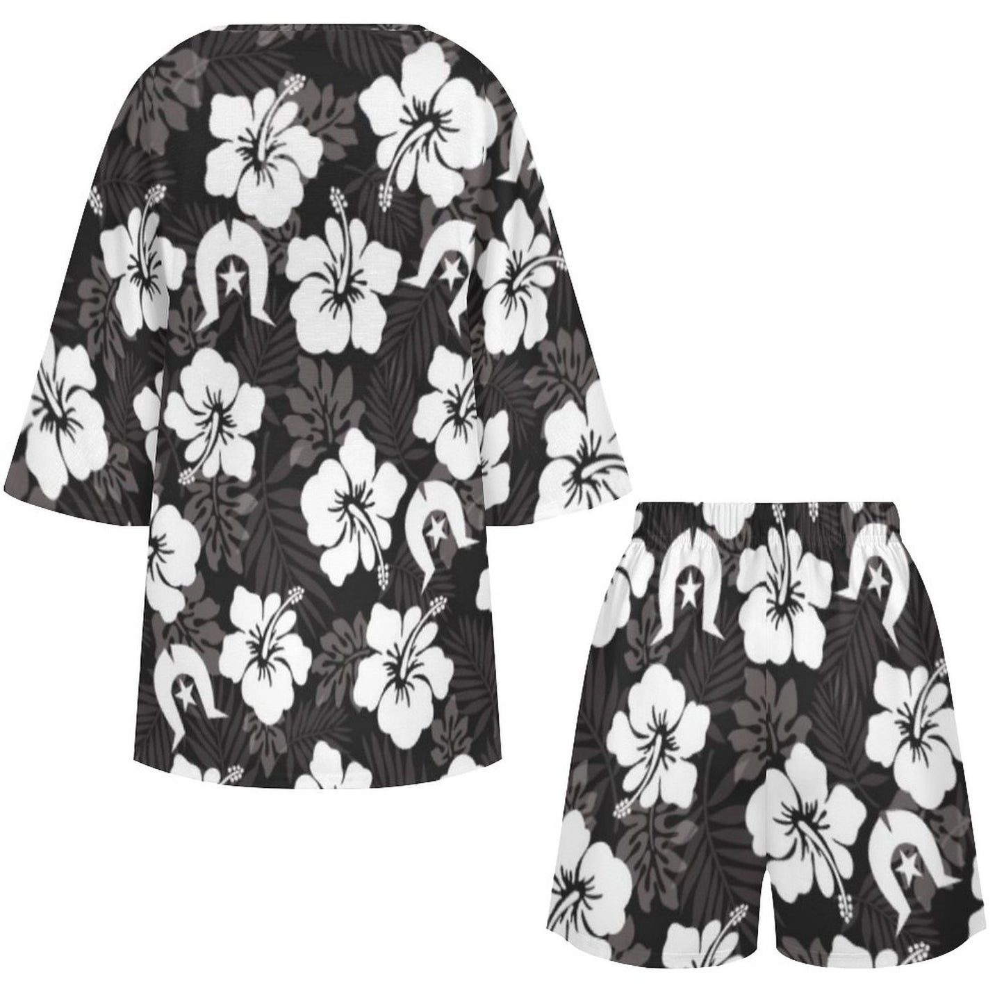 White Hibiscus and Dhari (Black) on Mediterranean Style V-Neck Suit