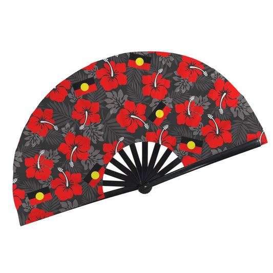 Royal Red Hibiscus and Aboriginal flag on Folding Clack Fan