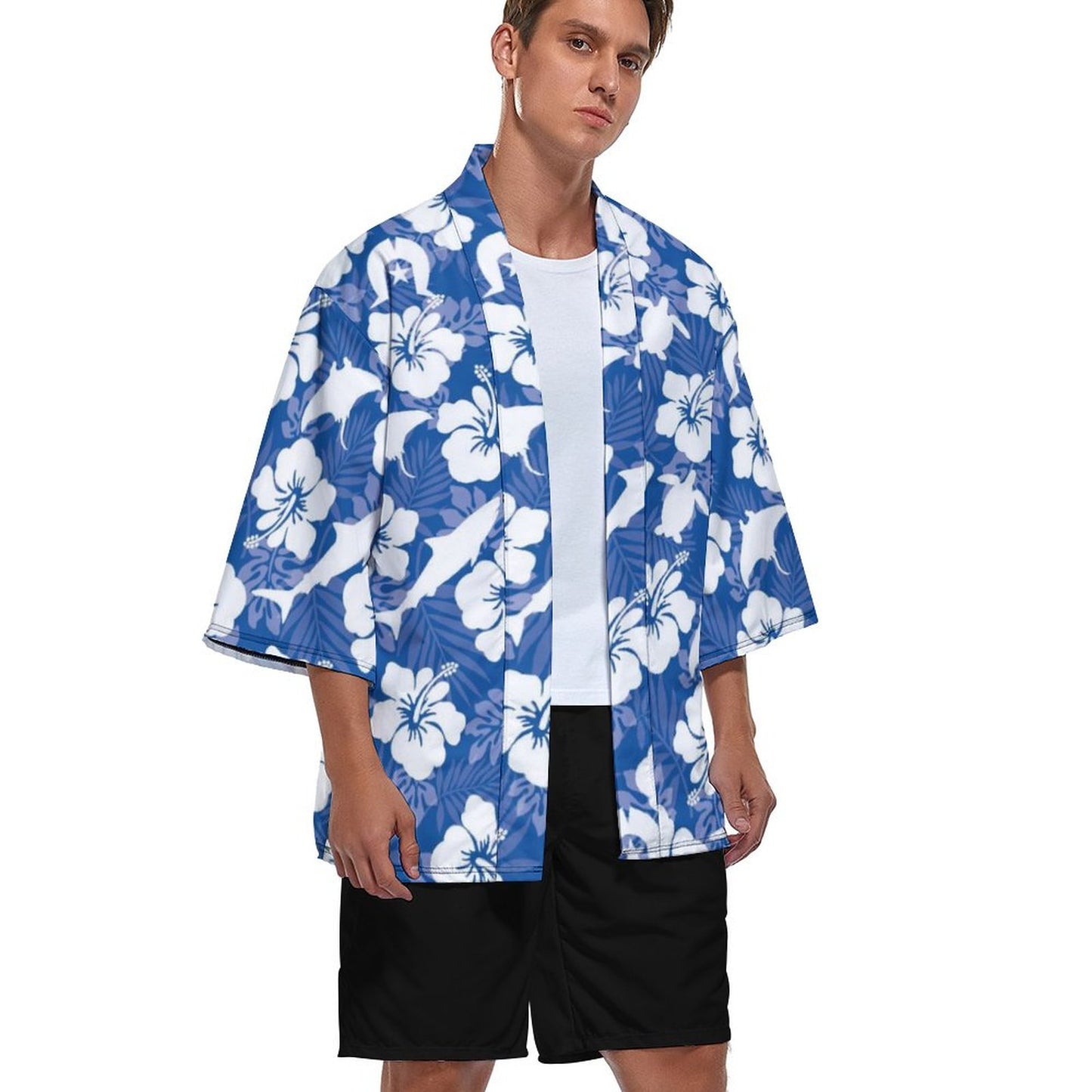 White hibiscus flowers with Dhari, Shark, turtle, and stingray on Drop Shoulder Male Kimono Cardigan