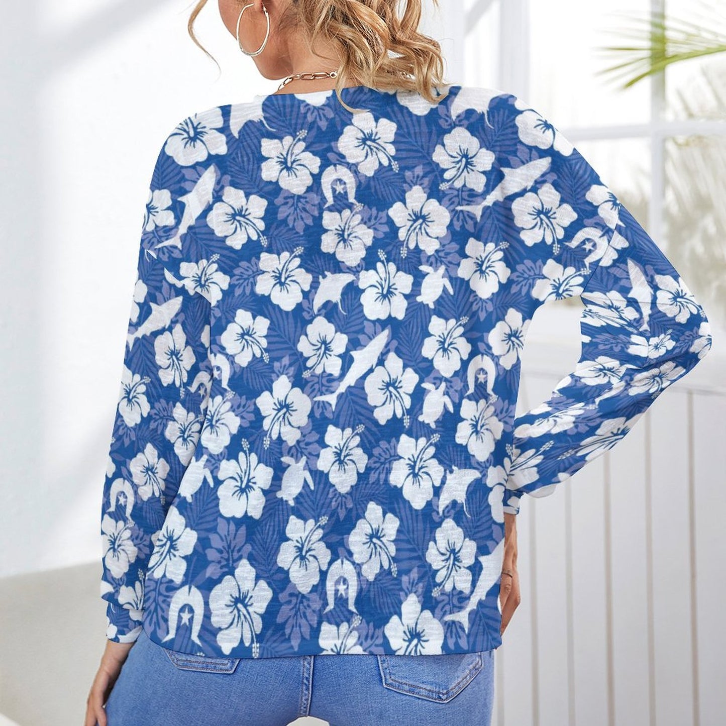 White hibiscus flowers with Dhari, Shark, turtle, and stingray on Long Sleeve Drop Shoulder Open Shirt