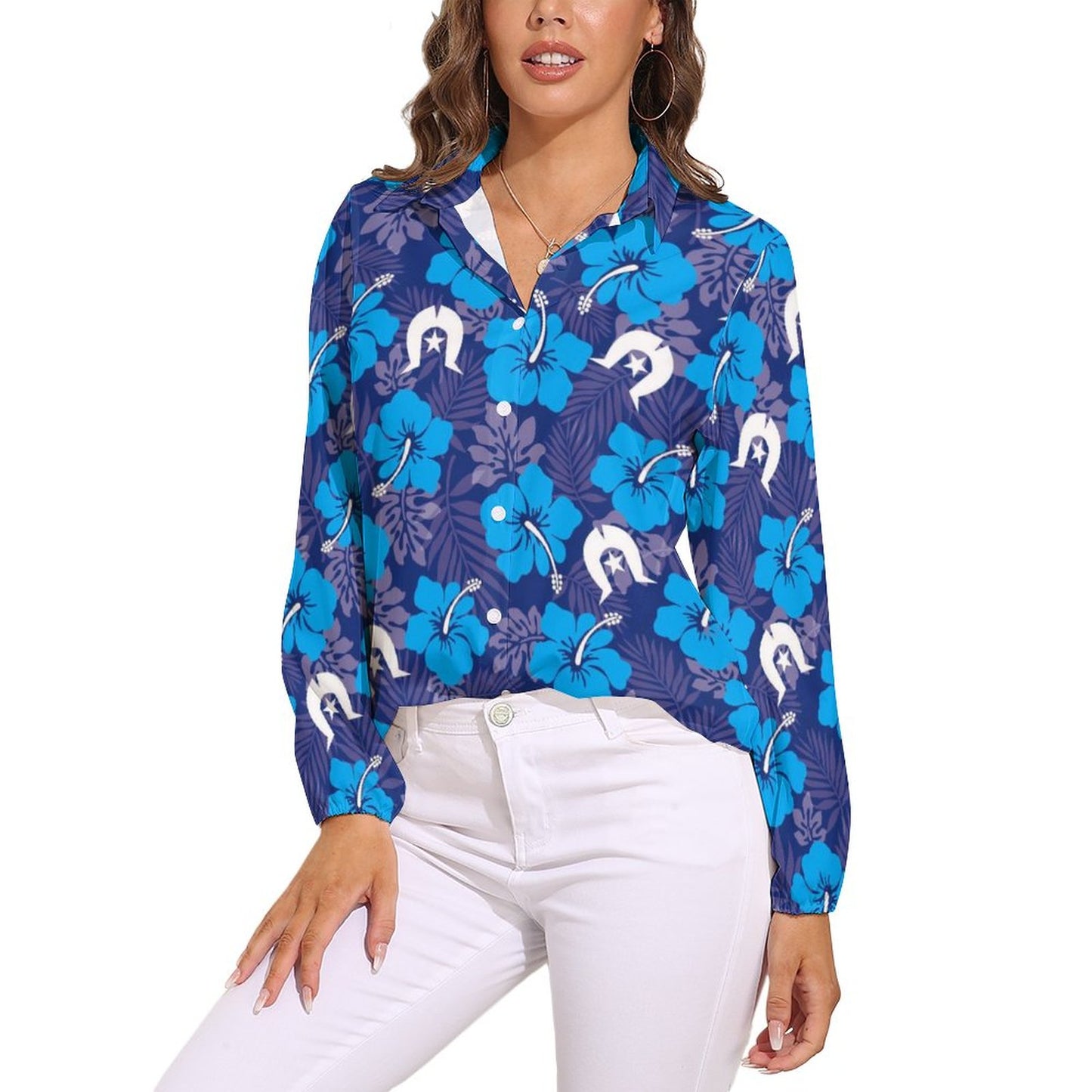 Hibiscus flowers with Dhari (Royal blue) on Casual Long Sleeve Vintage Tour Shirt