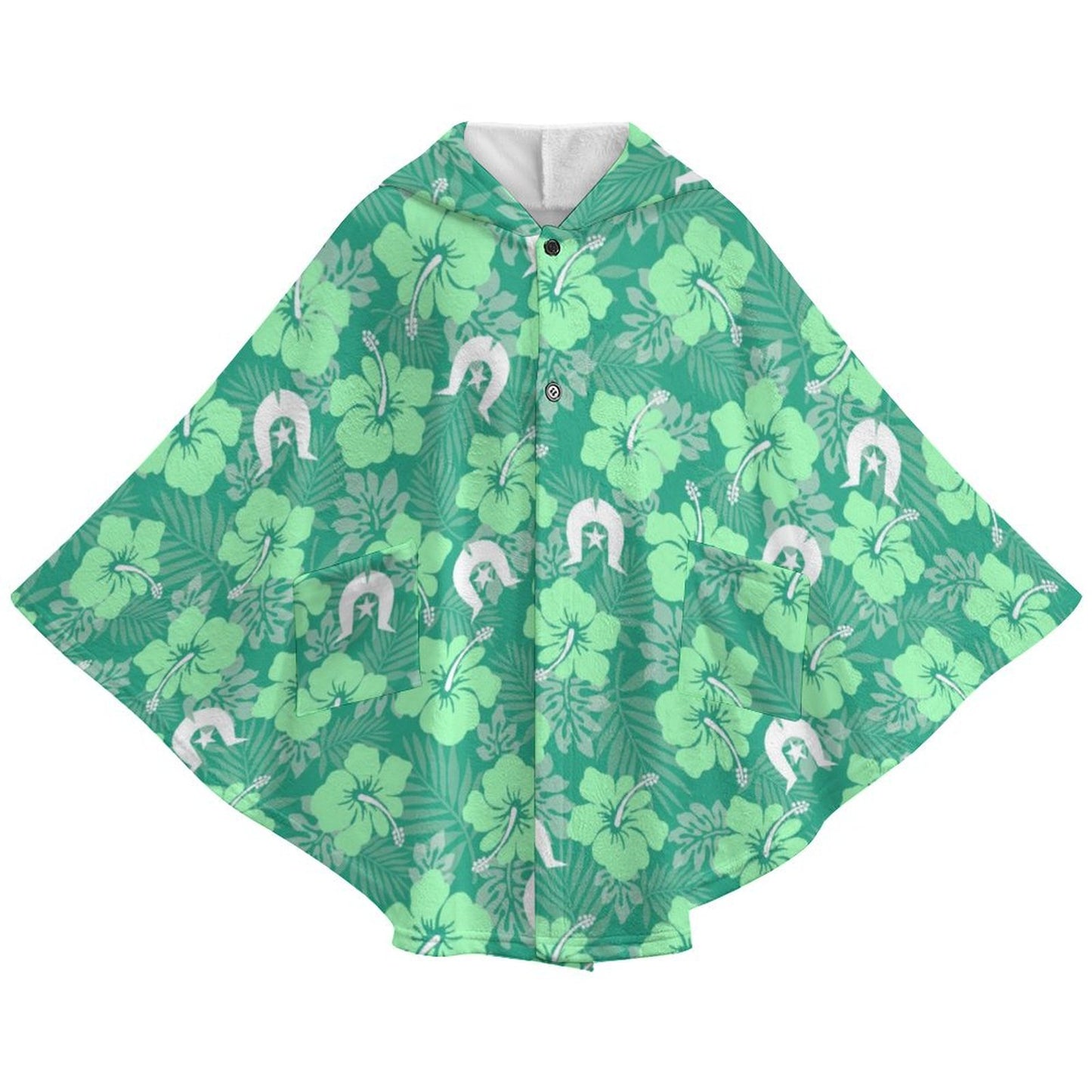 Hibiscus flowers with Dhari (Royal mint) on Fleece Hooded Cape for Adults