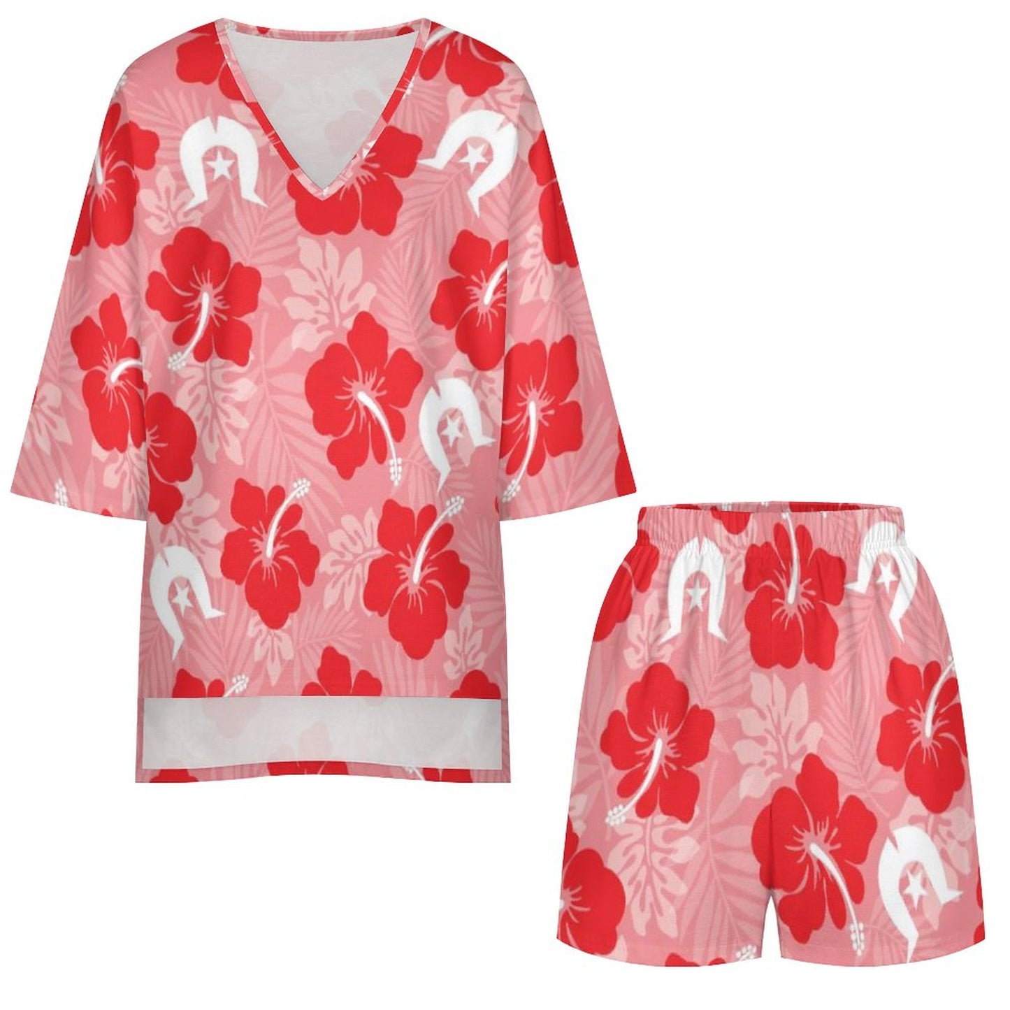 Hibiscus flowers with Dhari (Royal Pink) on Mediterranean Style V-Neck Suit