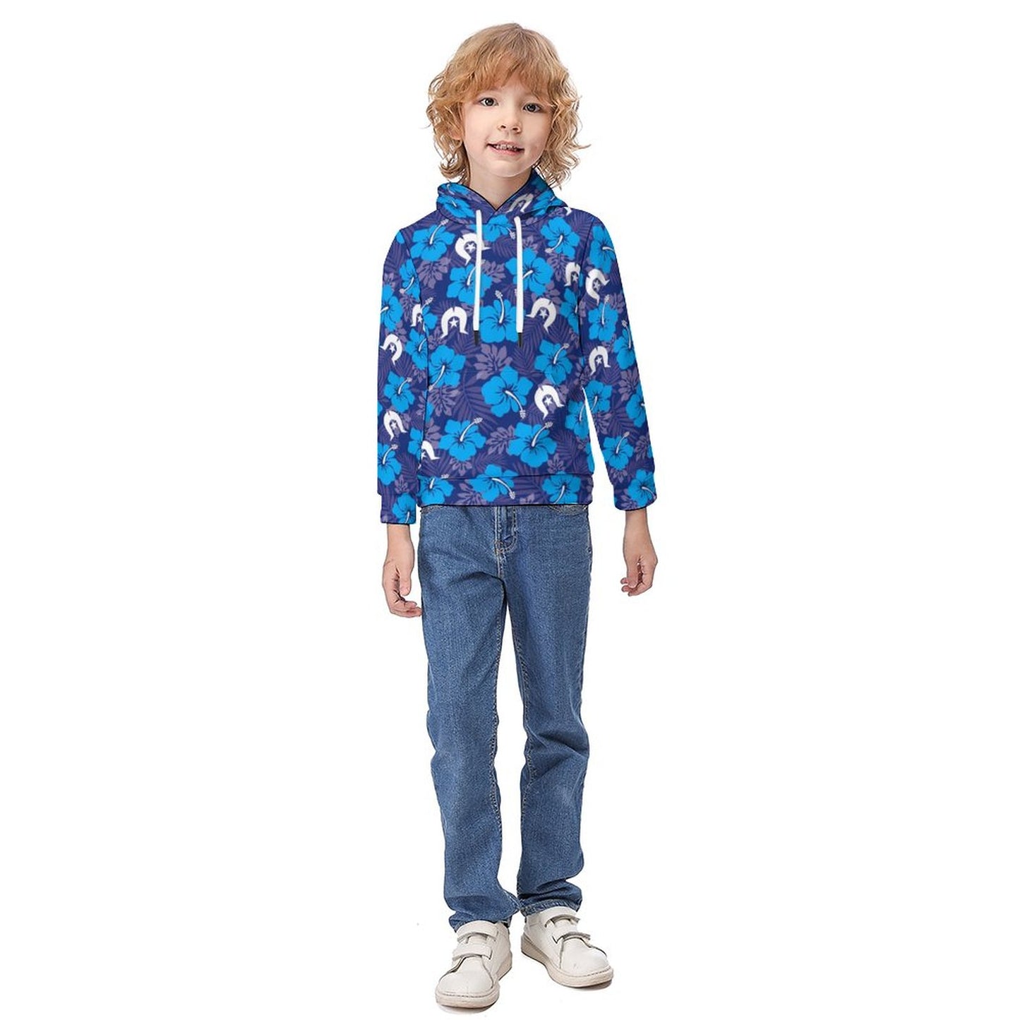 Hibiscus flowers with White Dhari (Royal blue) on Children's Hoodie