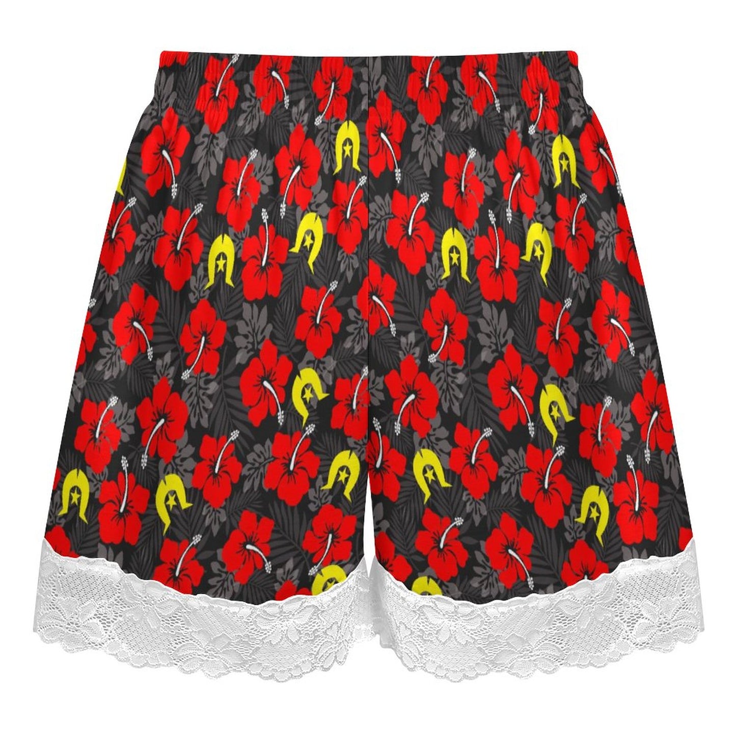 Royal Red Hibiscus with Yellow Dhari on 200gsm Women's Lace Trim Pajama Shorts