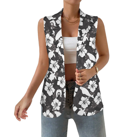 White hibiscus flowers with Dhari, Dugong and Turtle (Black) on Women Sleeveless Suit Vest