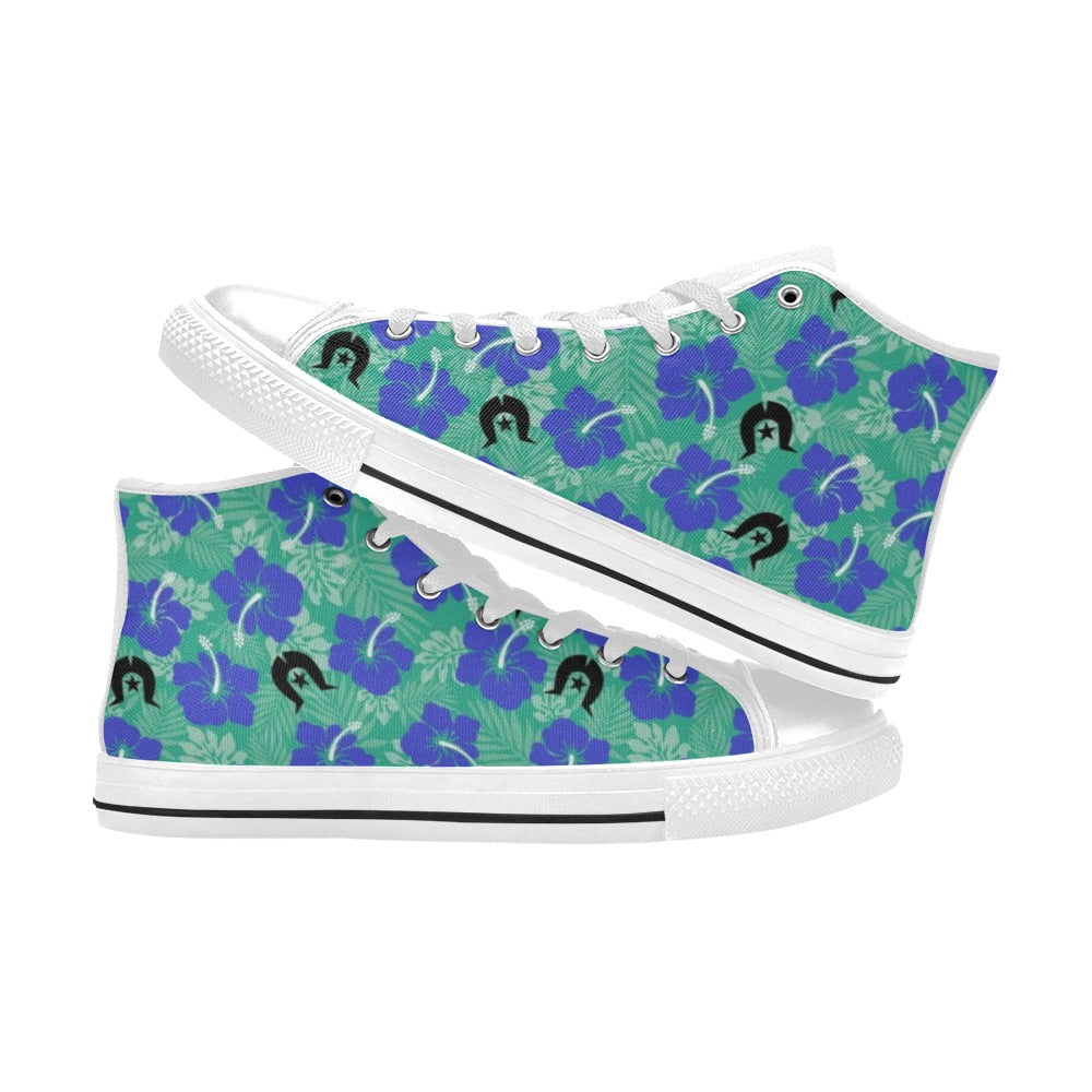 Royal Blue Hibiscus flowers with Black Dhari on Women's High Top Canvas Shoes