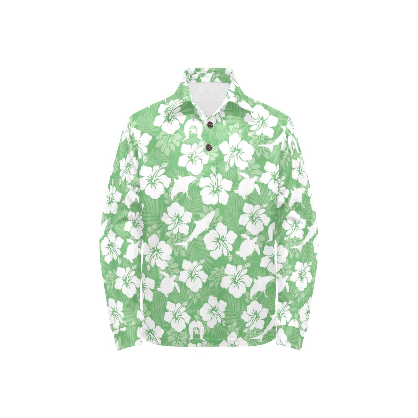 White hibiscus flowers with Dhari, Shark, turtle, and stingray (Green) on  Little Girls' Long Sleeve Polo Shirt