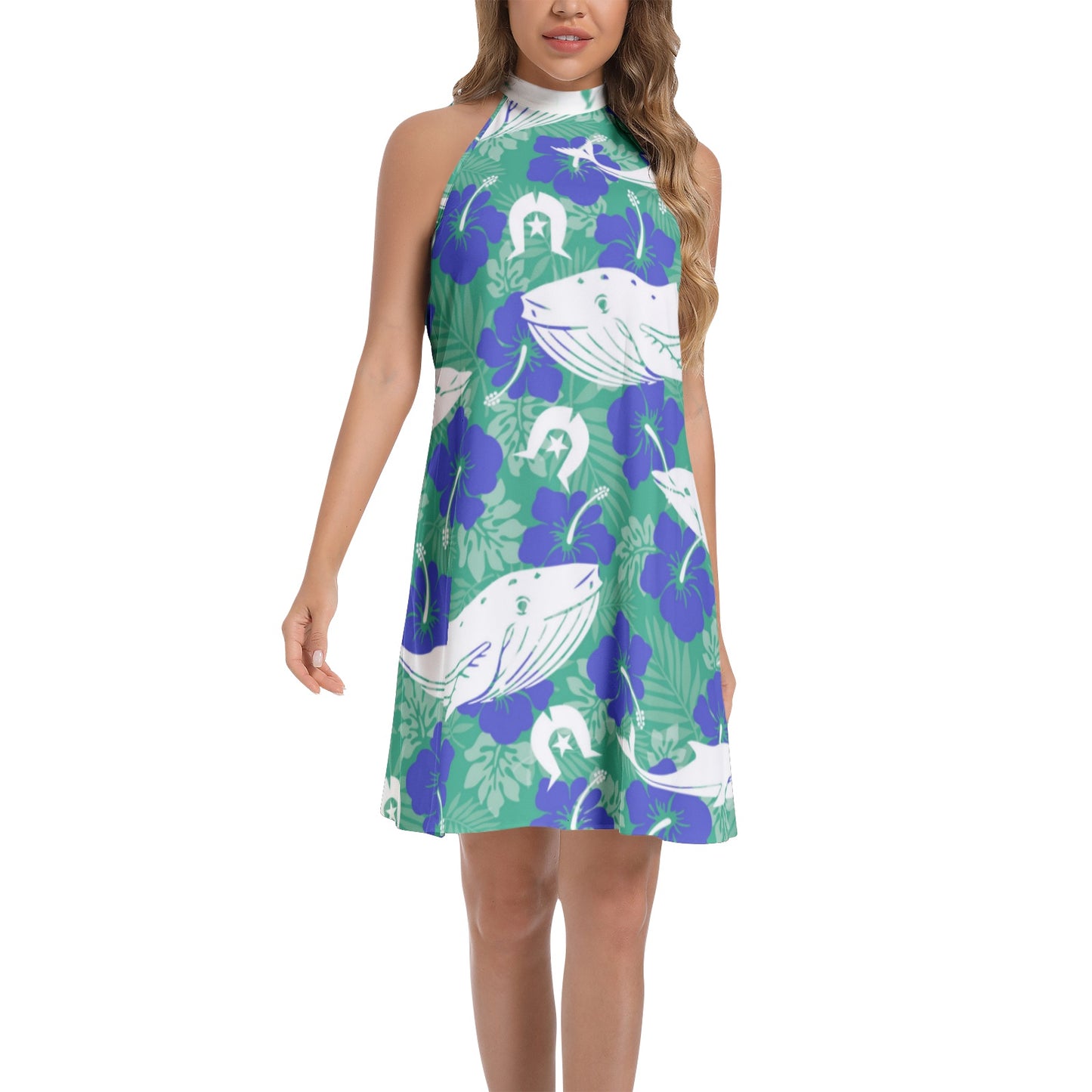 Royal Blue Hibiscus flowers with Whale, Dolphin and Dhari on Tie Back Halter Neck Flared Dress
