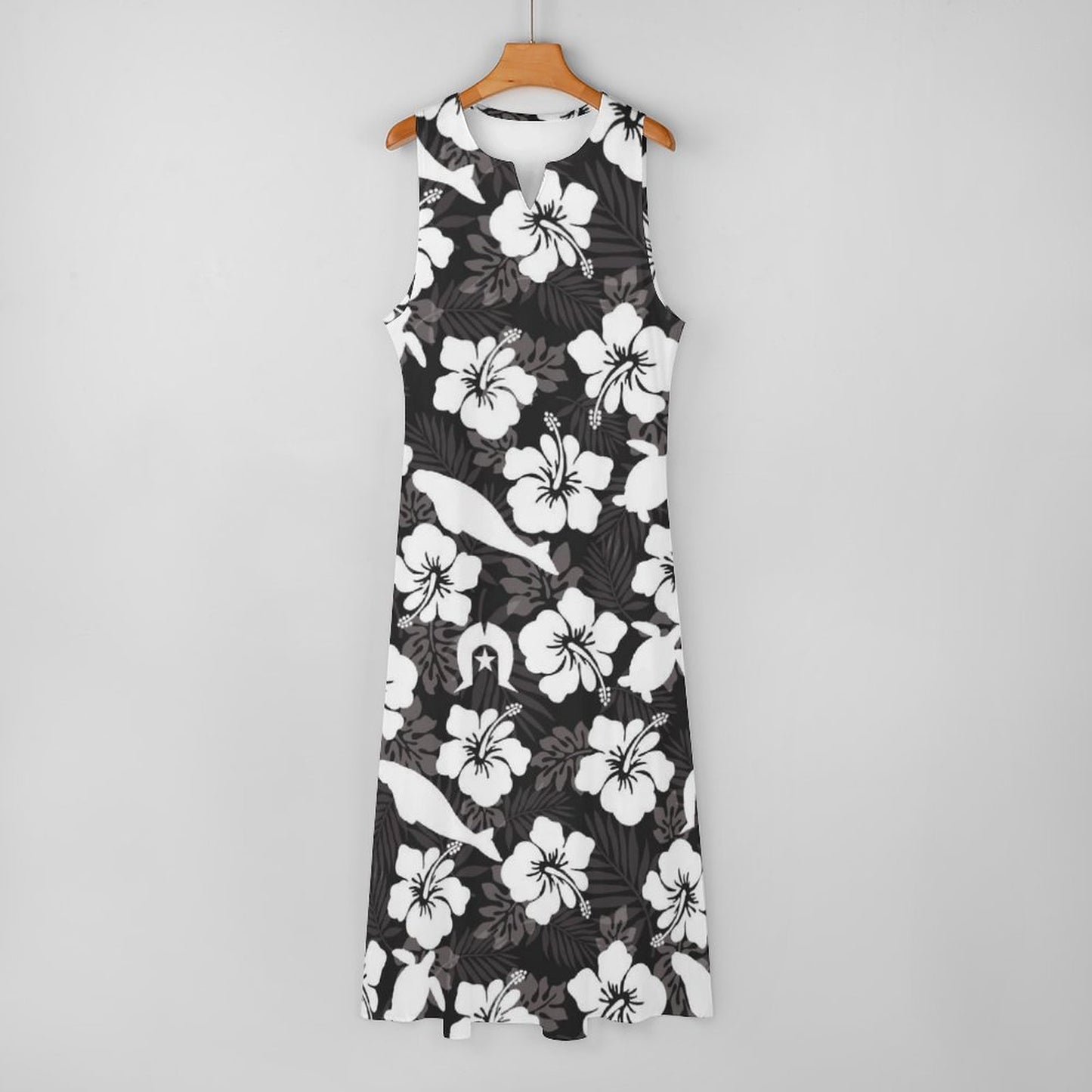 White hibiscus flowers with Dhari, Dugong and Turtle (Black) on Sleeveless Ankle-length Dress
