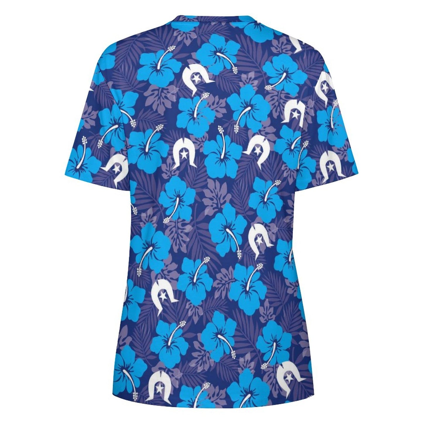 Hibiscus flowers with White Dhari (Royal blue) on Cotton Summer Short Sleeve T-Shirts for Women