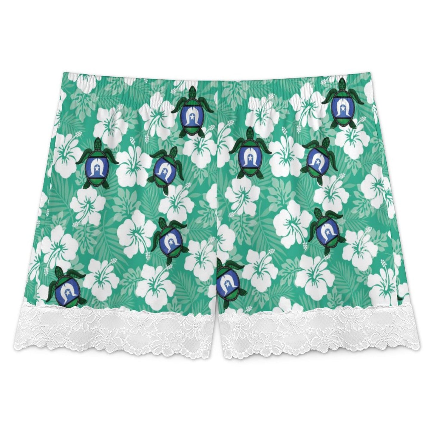 White hibiscus and Turtle with Torres Strait flag on 200gsm Women's Lace Trim Pajama Shorts