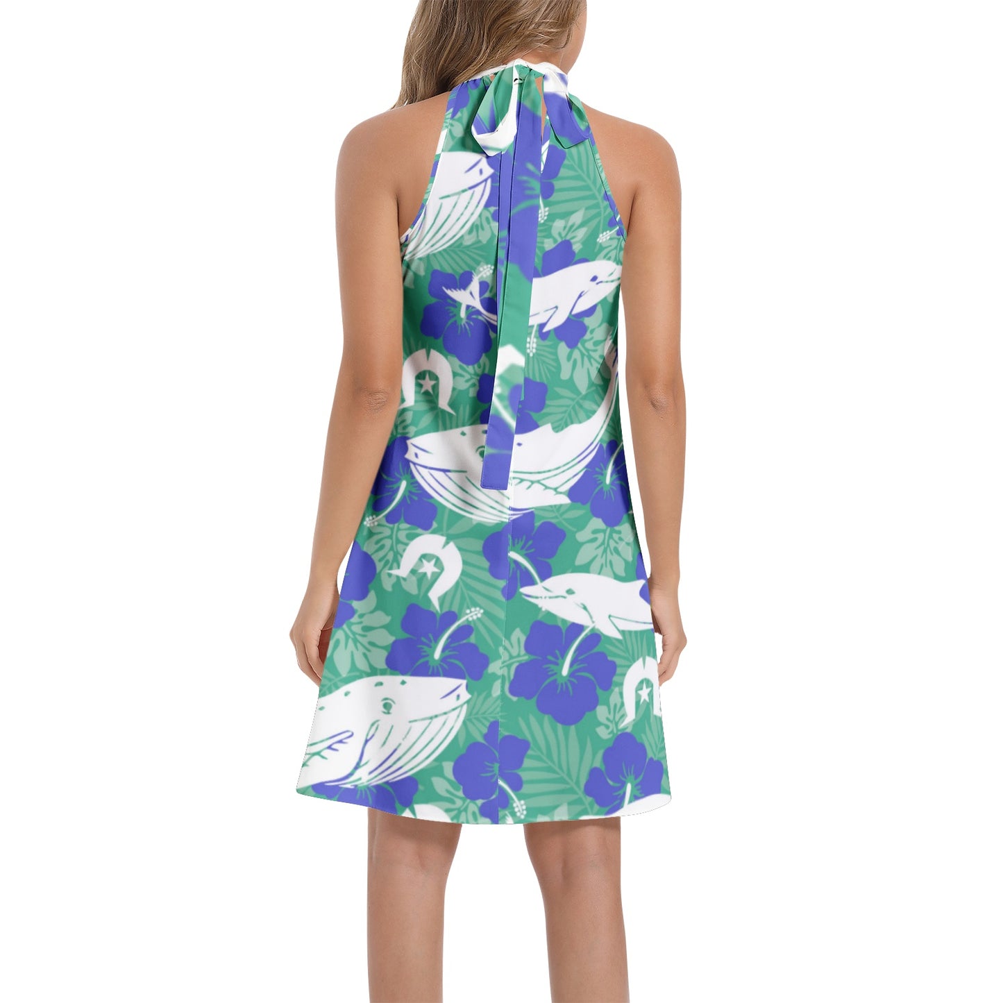 Royal Blue Hibiscus flowers with Whale, Dolphin and Dhari on Tie Back Halter Neck Flared Dress