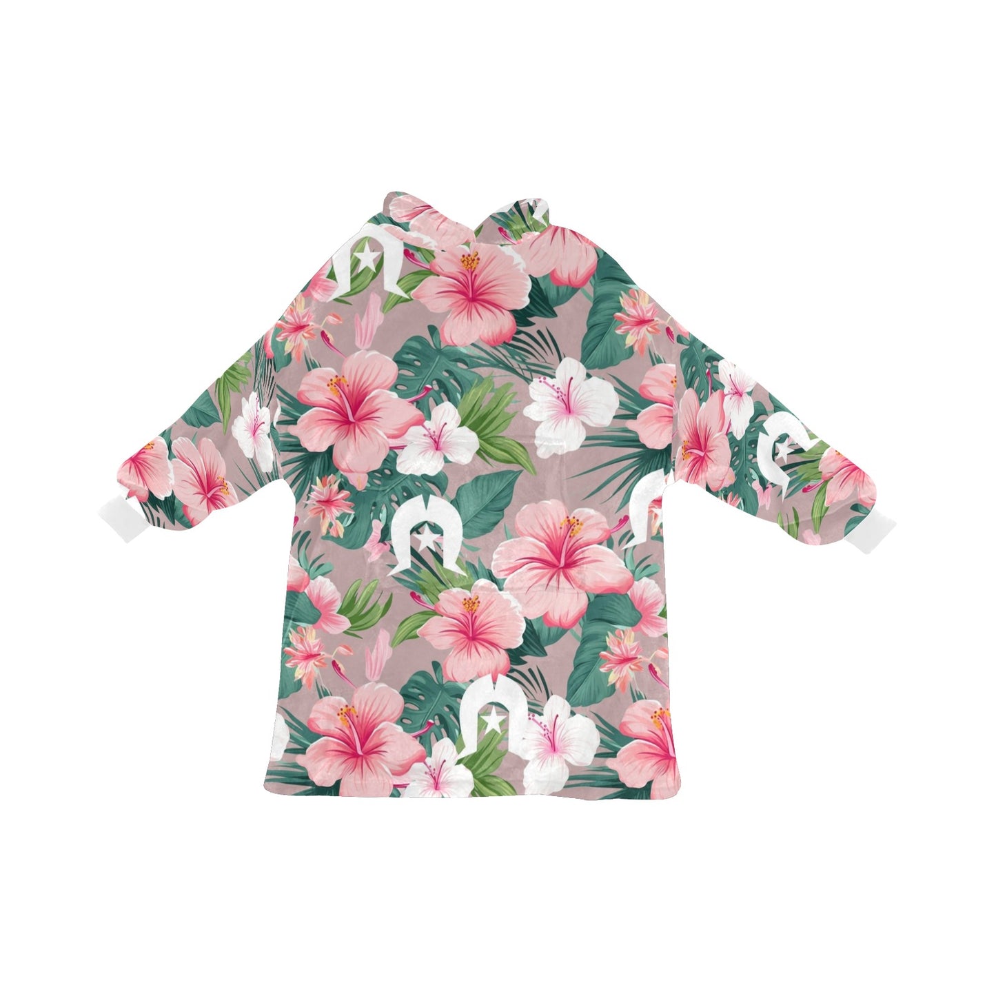 Pink Hibiscus flowers with White Dhari on Blanket Hoodie for Kids