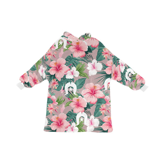 Pink Hibiscus flowers with White Dhari on Blanket Hoodie for Kids