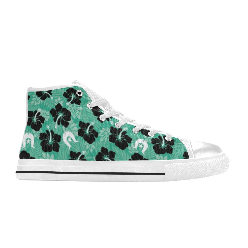 Black Hibiscus with White Dhari on Women's High Top Canvas Shoes