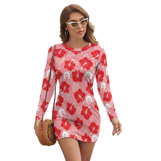 Hibiscus flowers with Dhari (Royal Pink) on Long Sleeve Dress
