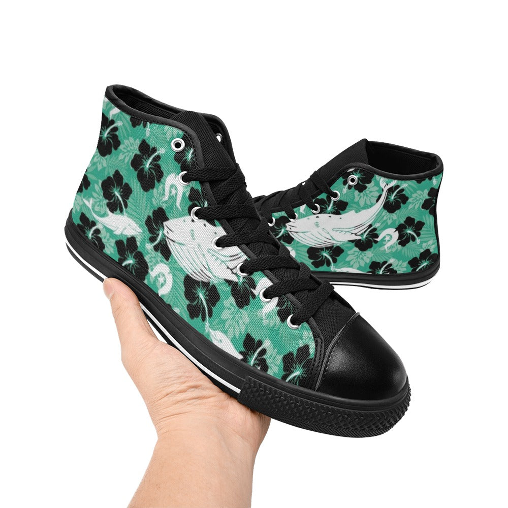 Black Hibiscus with Whale, Dolphin and Dhari on Women's High Top Canvas Shoes