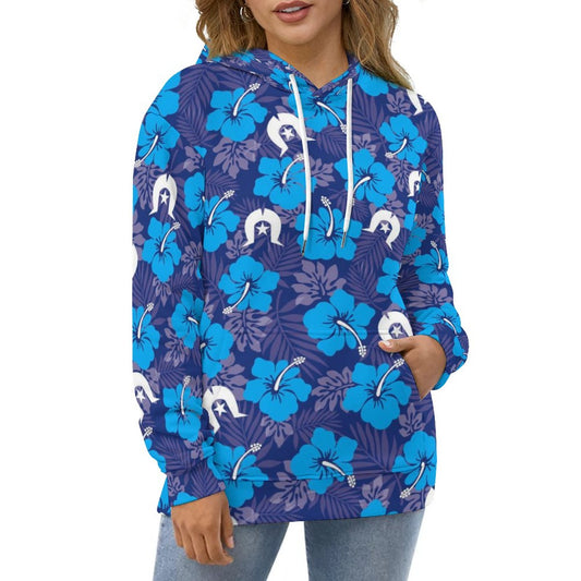 Hibiscus flowers with White Dhari (Royal blue) on Lady Hoodie with Double-layer Cap