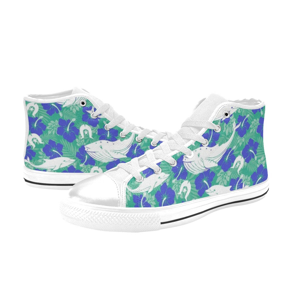 Royal Blue Hibiscus flowers with Whale, Dolphin and Dhari on Women's High Top Canvas Shoes