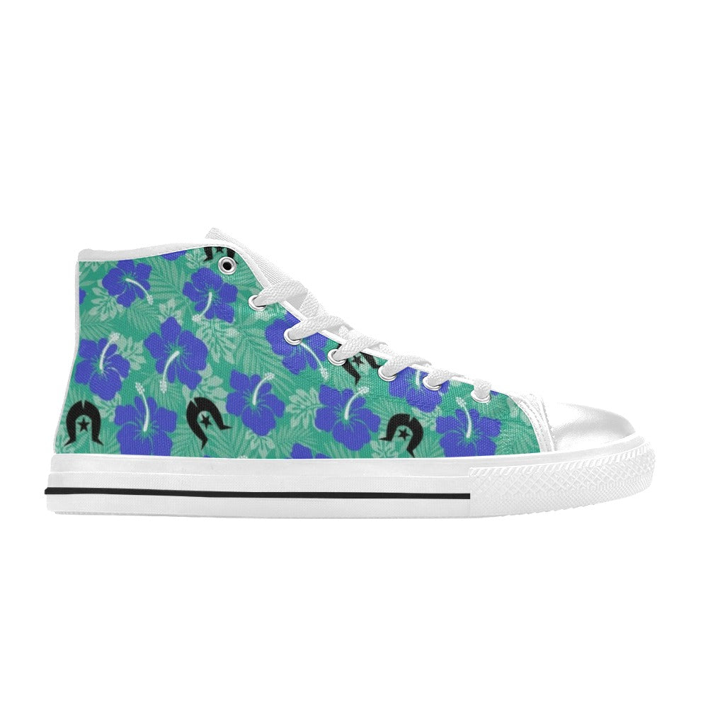Royal Blue Hibiscus flowers with Black Dhari on Women's High Top Canvas Shoes