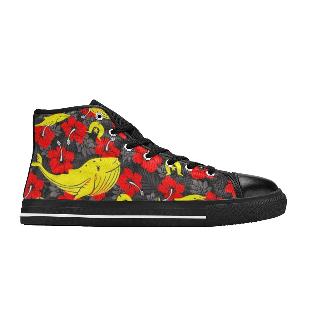 Royal Red Hibiscus with Yellow Dhari, Whale and Dolphin on Women's High Top Canvas Shoes