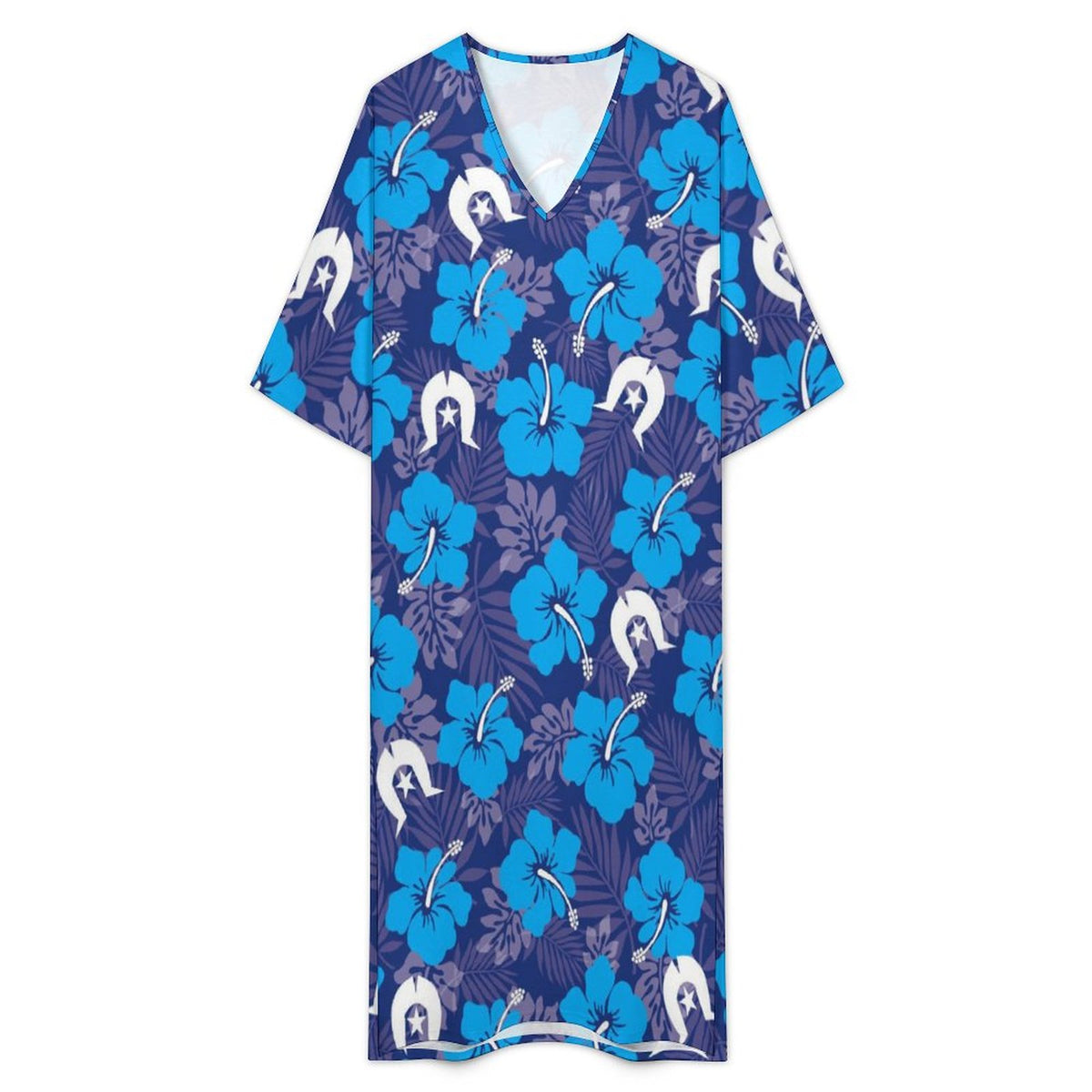 Hibiscus flowers with White Dhari (Royal blue) on Mediterranean Style V Neck Mid-Sleeve Robe