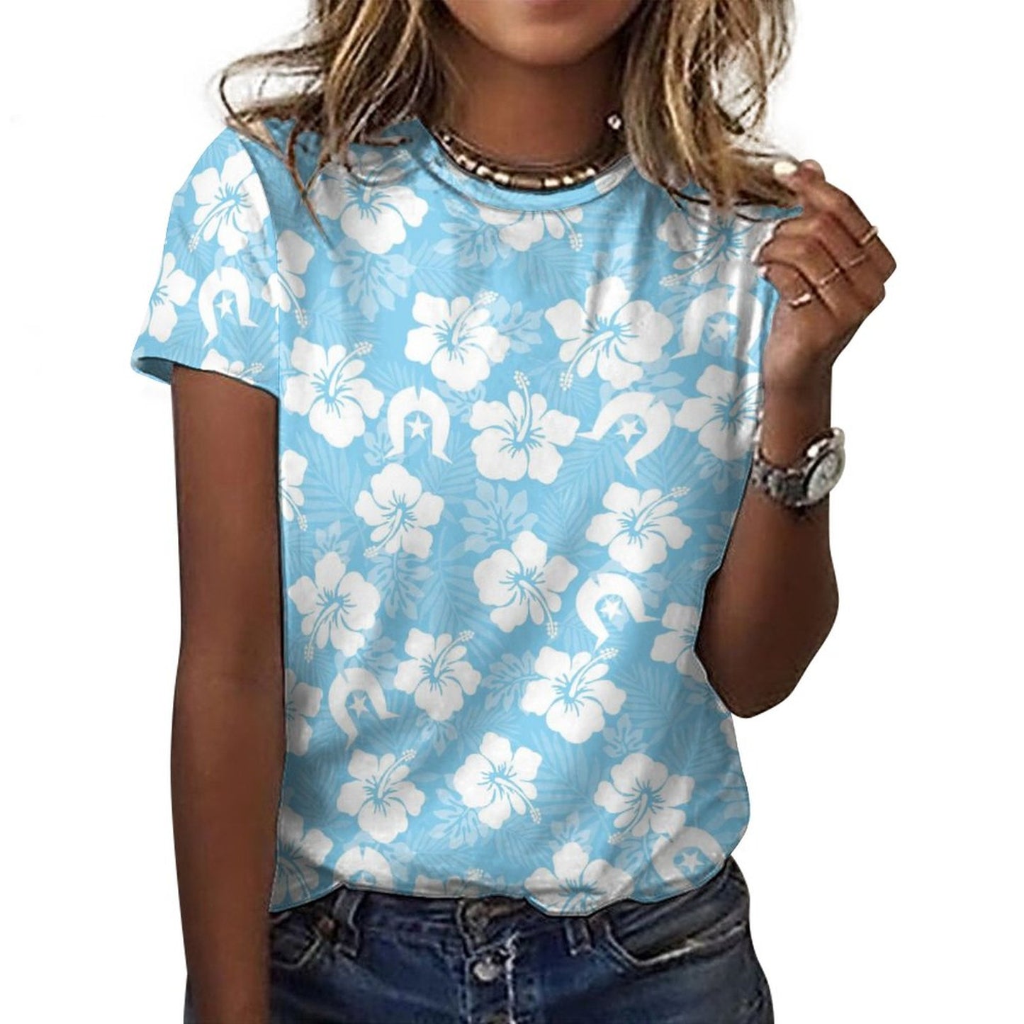 White Hibiscus and Dhari (blue) on Cotton Summer Short Sleeve T-Shirts for Women