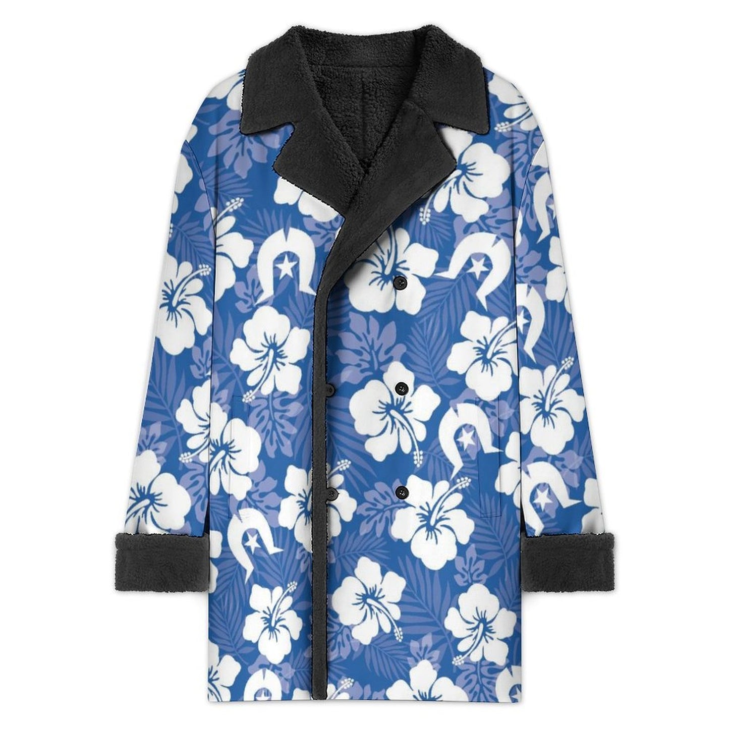 White Hibiscus and Dhari (Blue) on Men's Double Breasted Coat