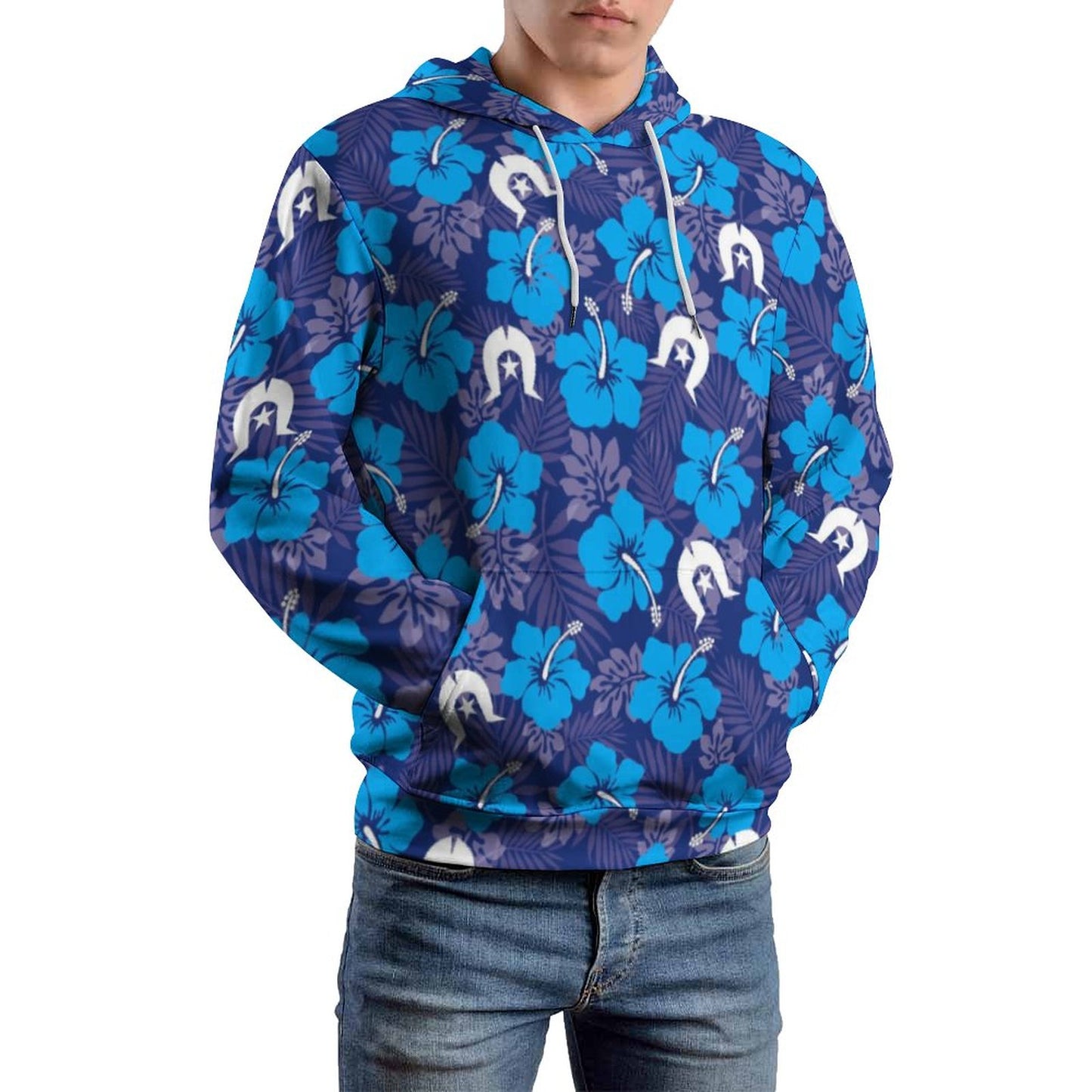Hibiscus flowers with White Dhari (Royal blue) on Men's Cool Hoodie with Double-layer Cap