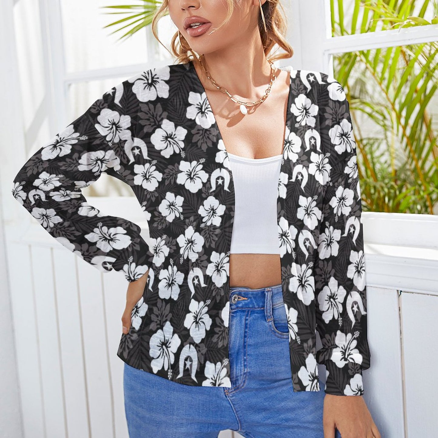 White Hibiscus and Dhari (Black) on Long Sleeve Drop Shoulder Open Shirt