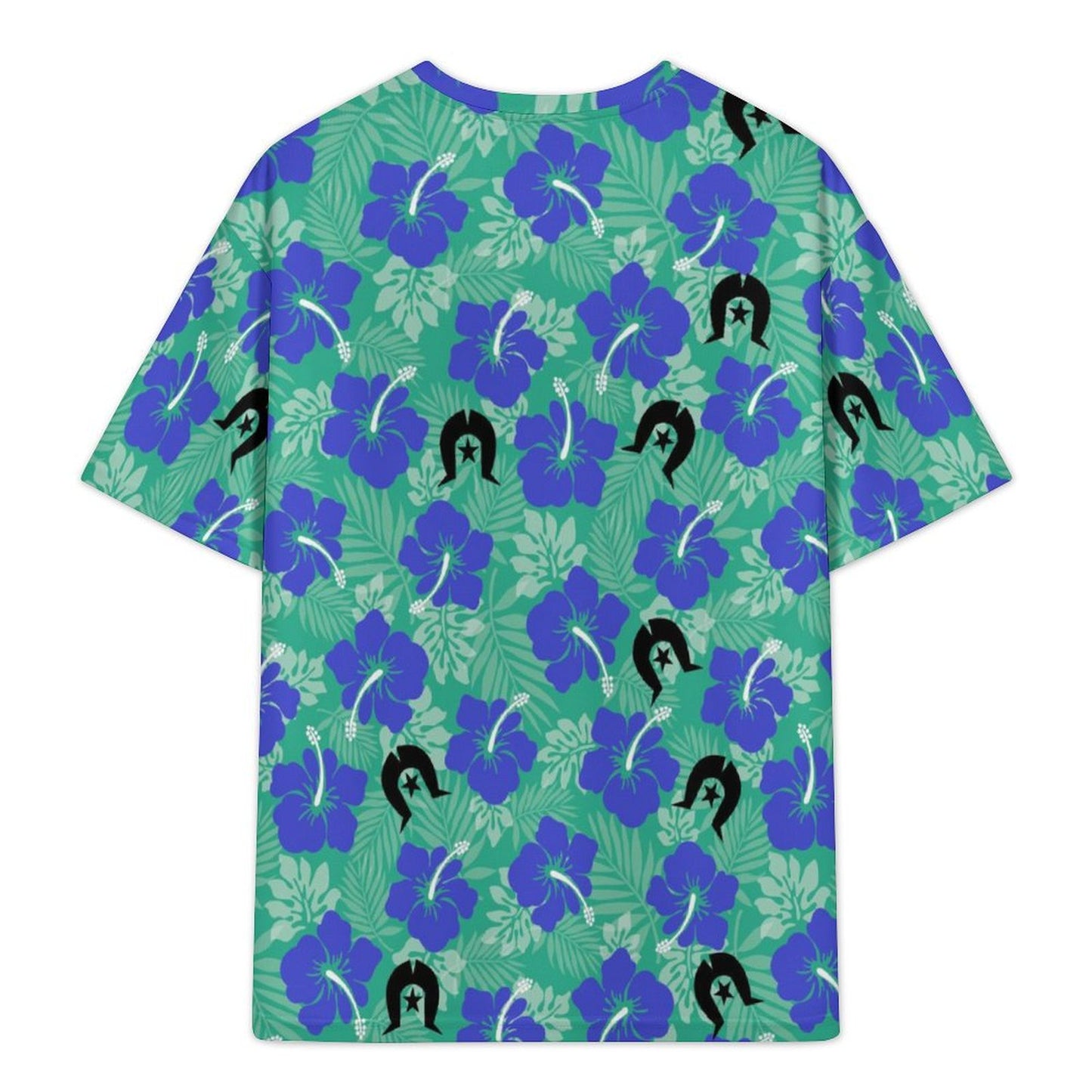 Royal Blue Hibiscus flowers with Black Dhari on Plus Size Drop Shoulder T-Shirt