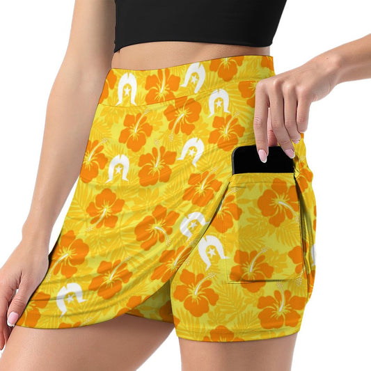 Hibiscus flowers with Dhari (Gold) on Anti-peep Skort with Pocket AMQ