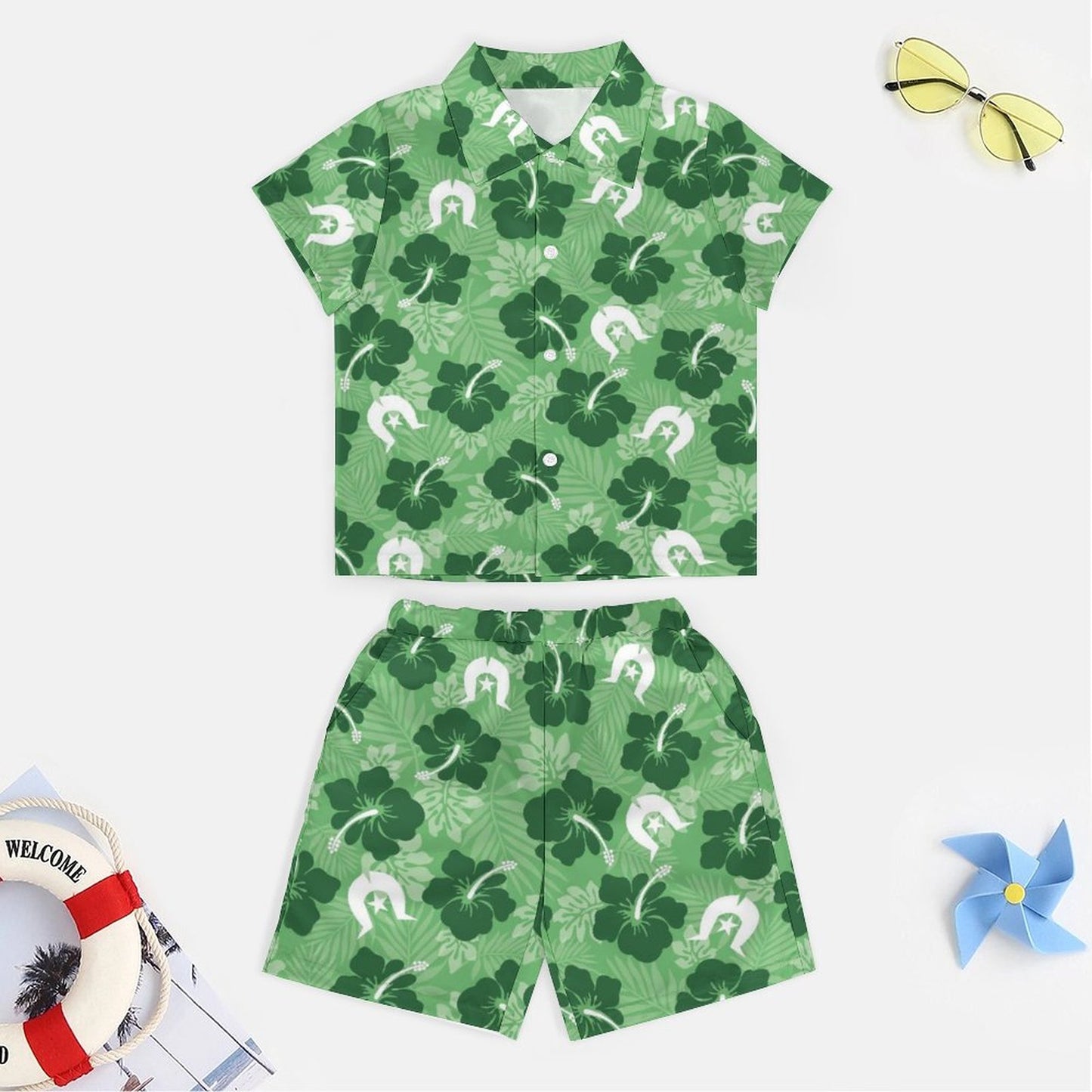Hibiscus flowers with Dhari (Sea Grass Green) on Youth's/Kid's Casual Beach Outfit