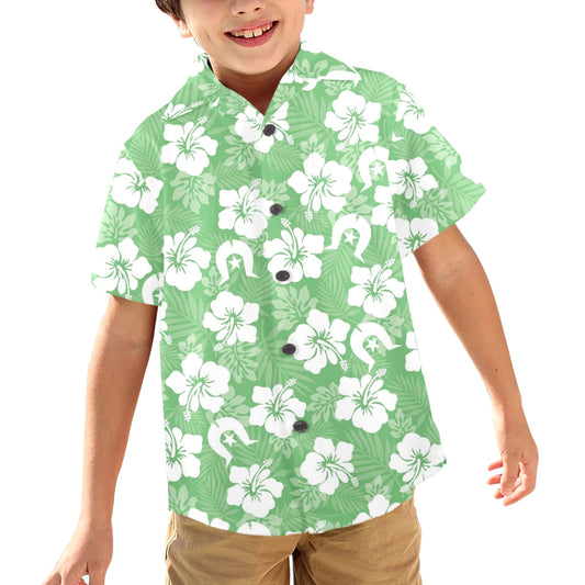 White Hibiscus and Dhari (Green) on Little Boys' Hawaiian Shirt