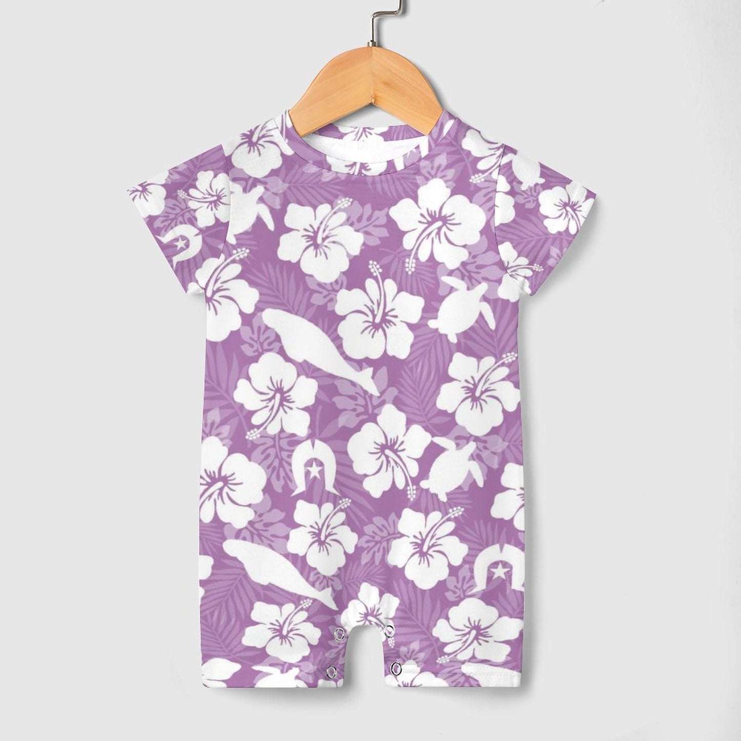 White hibiscus flowers with Dhari, Shark and Turtle (Purple) on Faux Cotton Short Sleeve Baby Bodysuit Romper