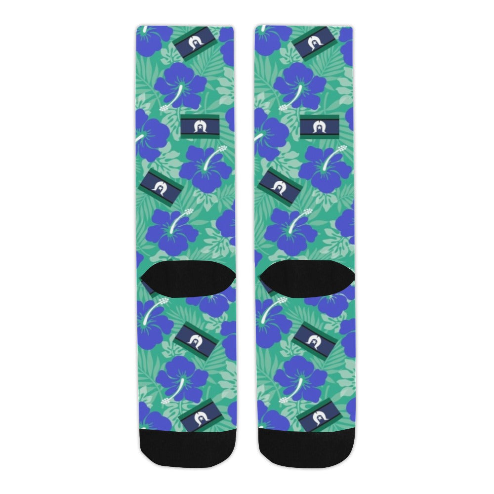 Hibiscus flowers with Torres Strait Flag on Crew Socks (Made In AUS)