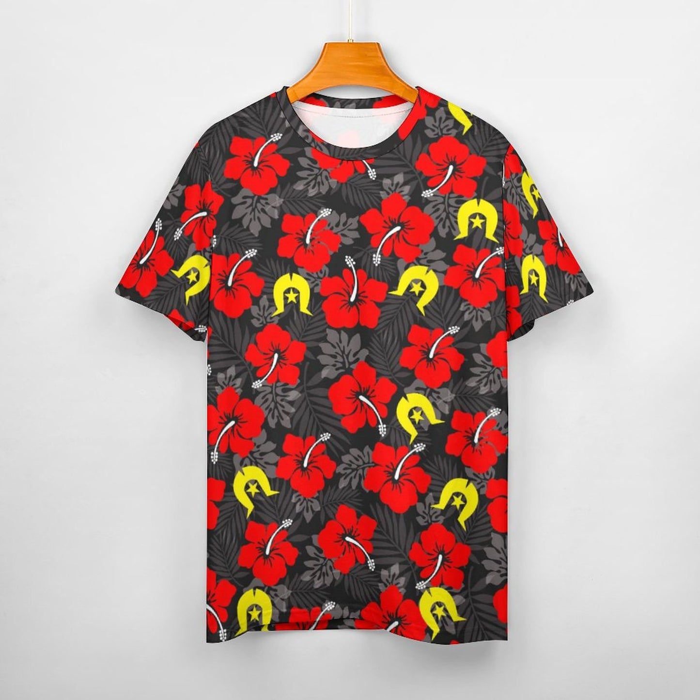 Royal Red Hibiscus with Yellow Dhari on Cotton Summer Short Sleeve T-Shirts for Women