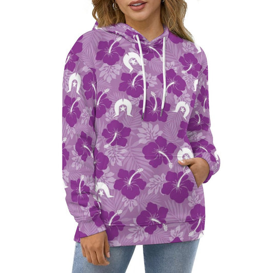 Hibiscus flowers with White Dhari (Royal purple) on Lady Hoodie with Double-layer Cap