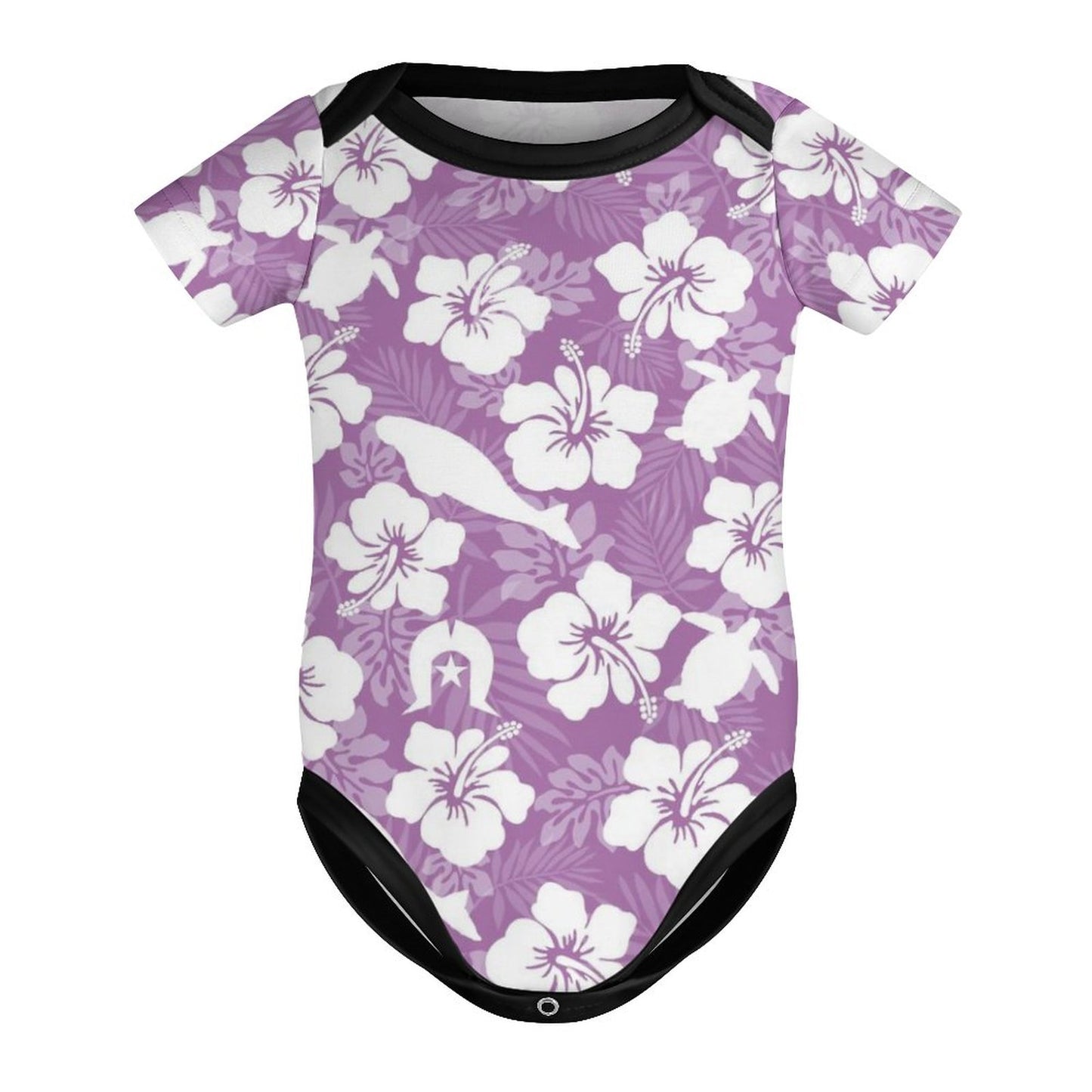 White Hibiscus flowers with Dugong, Turtle and Dhari on Faux Cotton Short Sleeve Baby Romper