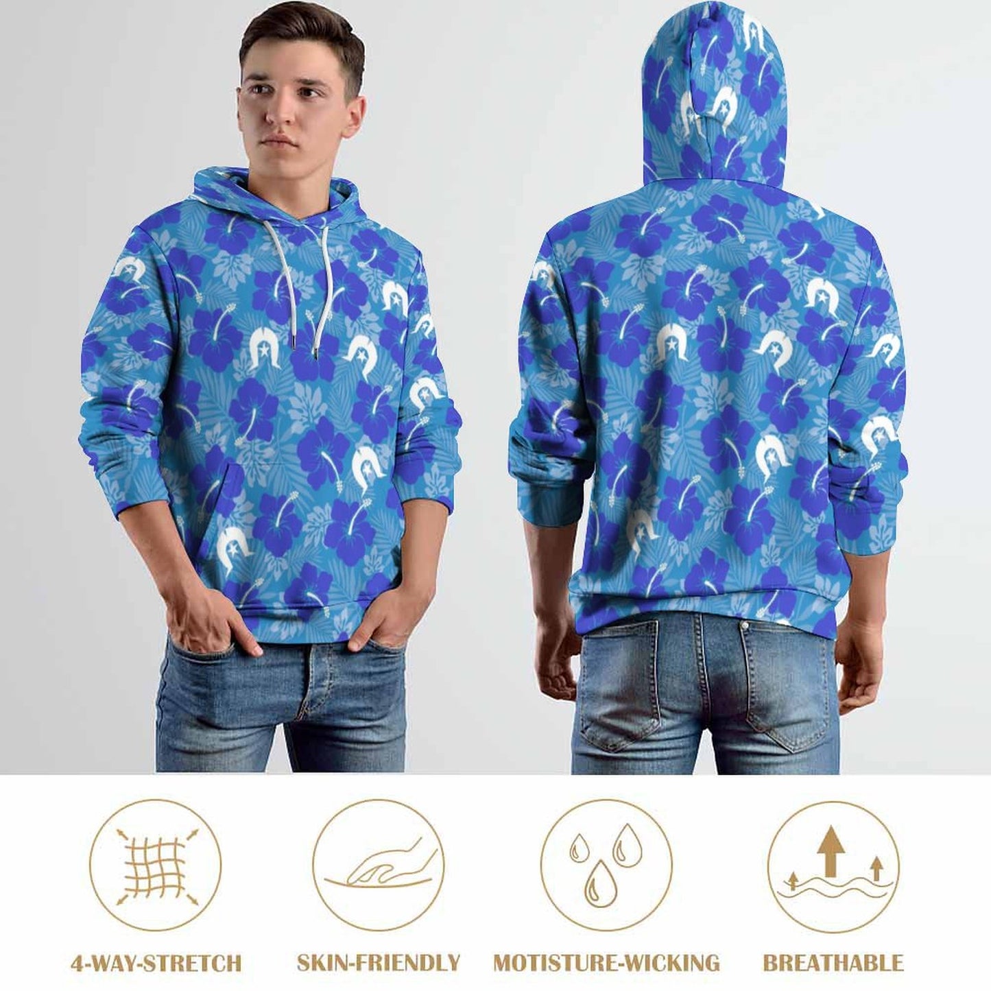 Hibiscus flowers with Dhari (Royal blue) on Men's Cool Hoodie with Double-layer Cap