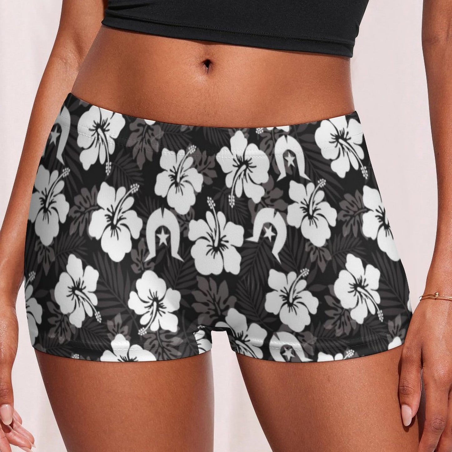 White Hibiscus and Dhari (Black) on 180gsm Women's Boxer Briefs