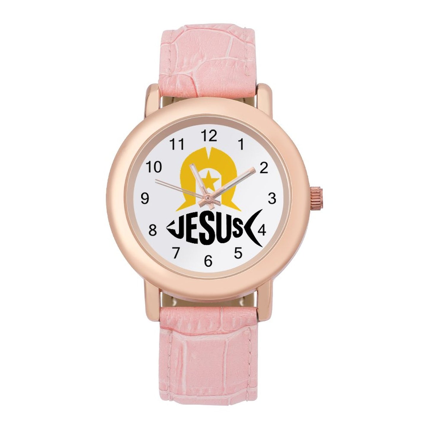 Gold coloured Dhari with Fish shaped 'Jesus' name on Ladies Watch with PU Leather Band