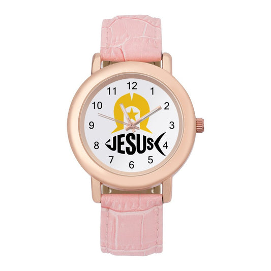 Gold coloured Dhari with Fish shaped 'Jesus' name on Ladies Watch with PU Leather Band