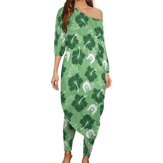 Hibiscus flowers with White Dhari (Sea Grass Green) on Diagonal Shoulder Two Piece Set