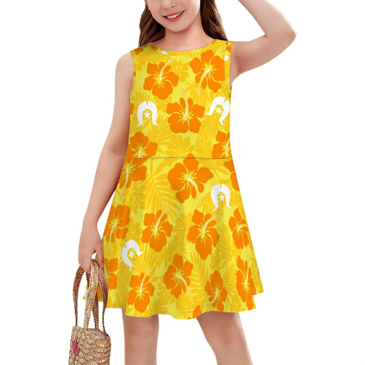Hibiscus flowers with Dhari (Gold) on Girls Dress