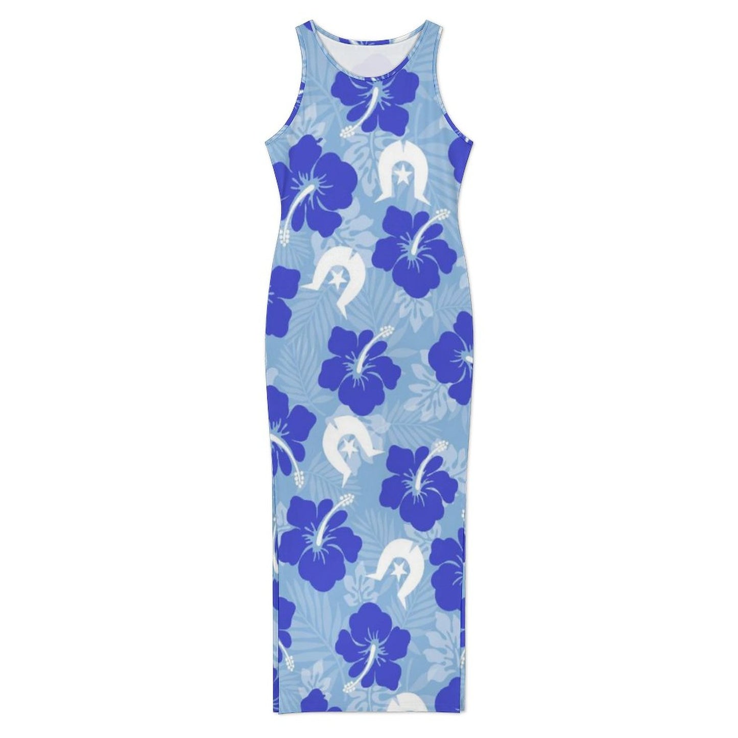 Hibiscus flowers with White Dhari (Sky blue) on 180gsm Slit Fitted Camisole Cheongsam